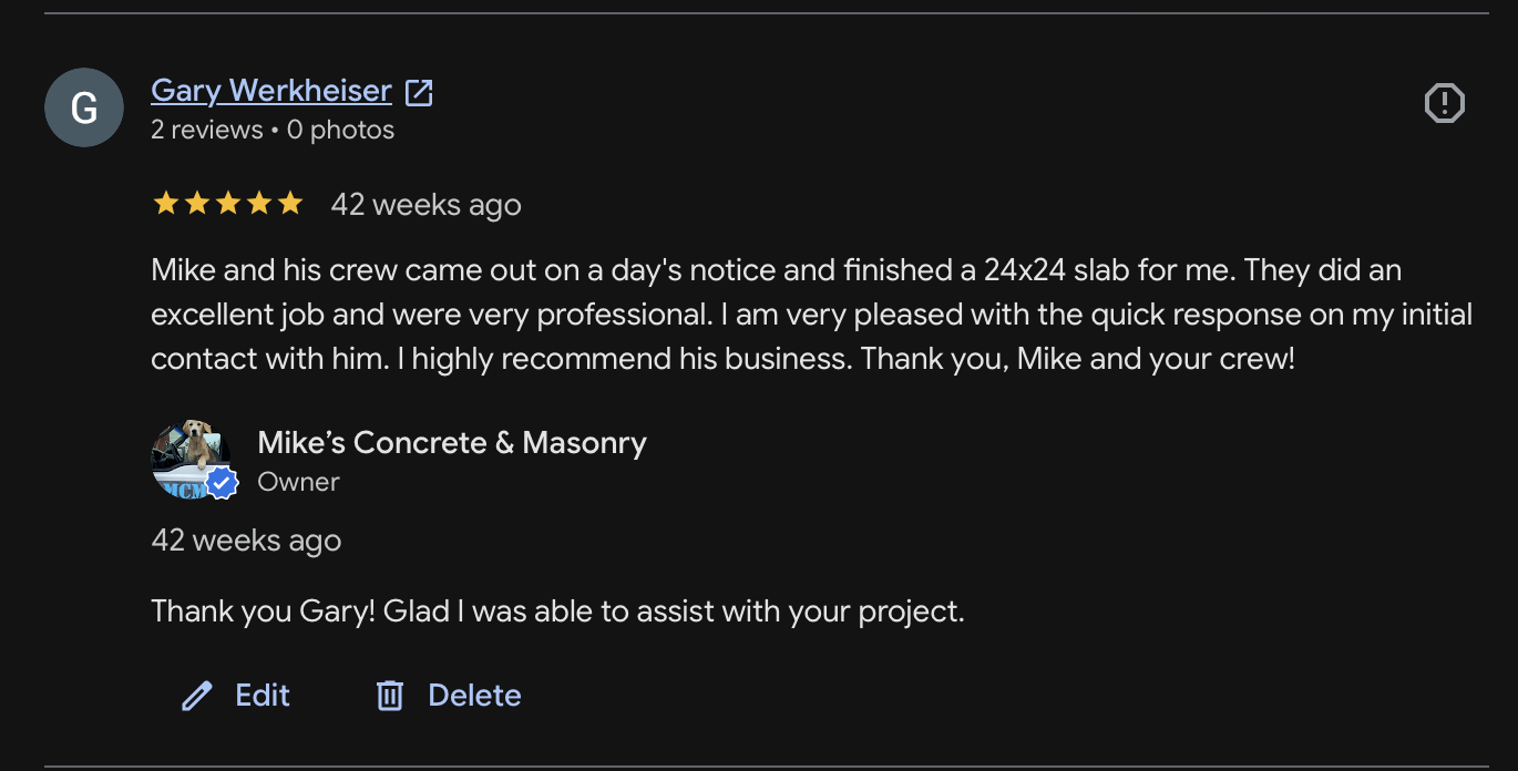 Customer review 5 for Mike's Concrete & Masonry