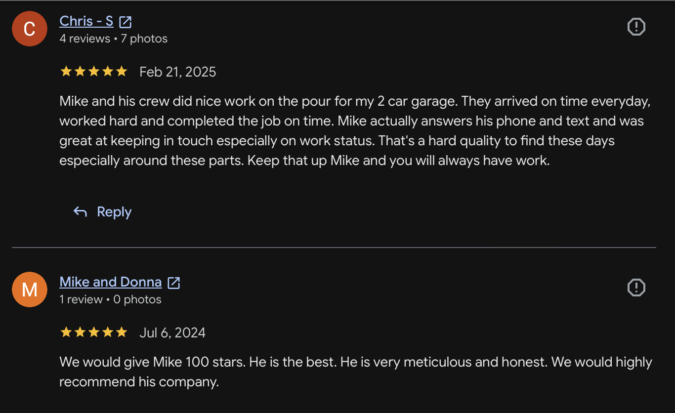 Customer review 8 for Mike's Concrete & Masonry