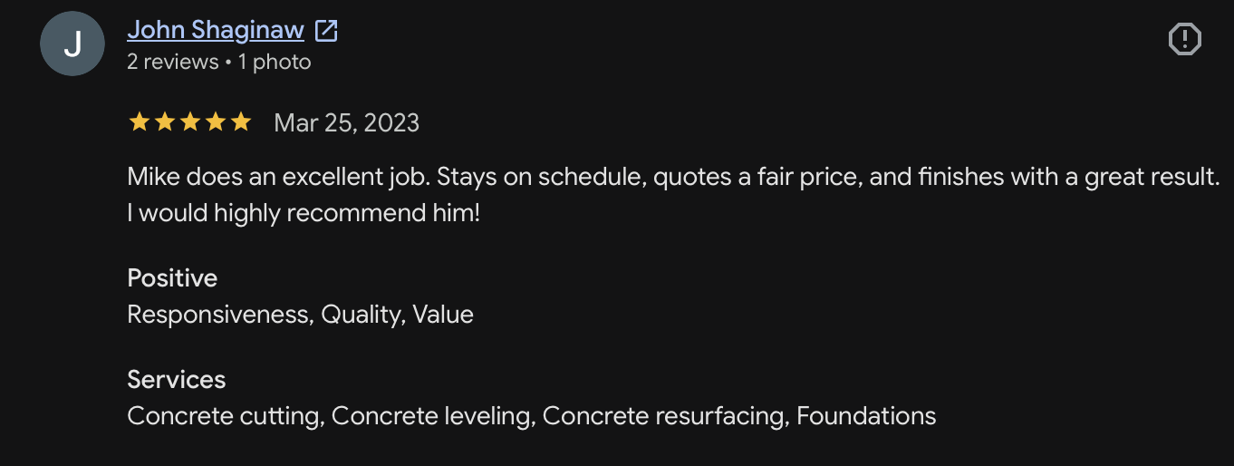 Customer review for Mike's Concrete & Masonry