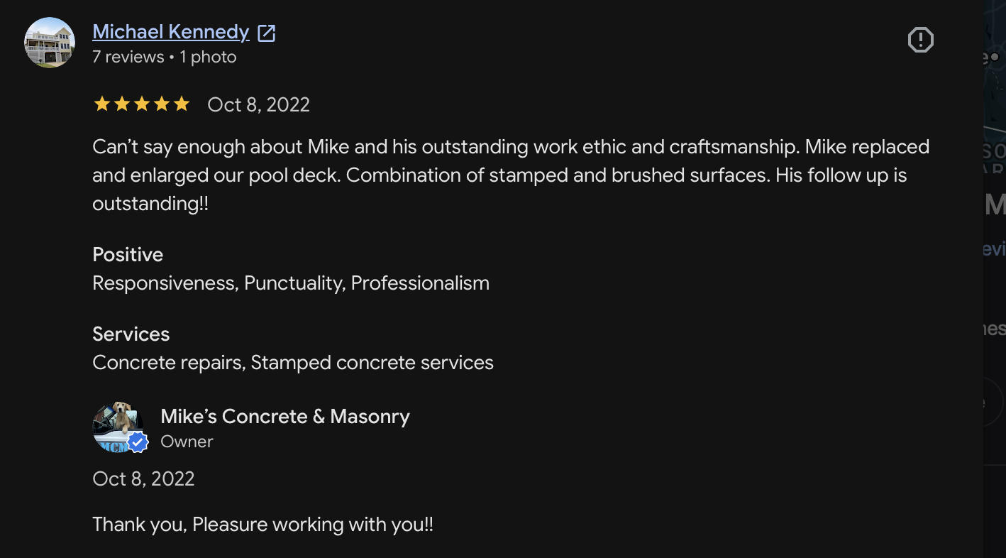 Customer review 15 for Mike's Concrete & Masonry