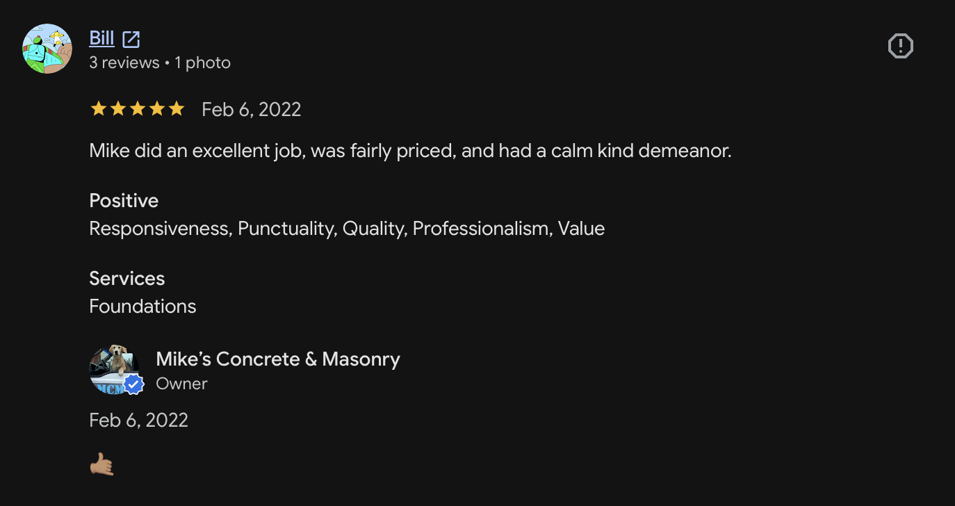 Customer review 16 for Mike's Concrete & Masonry