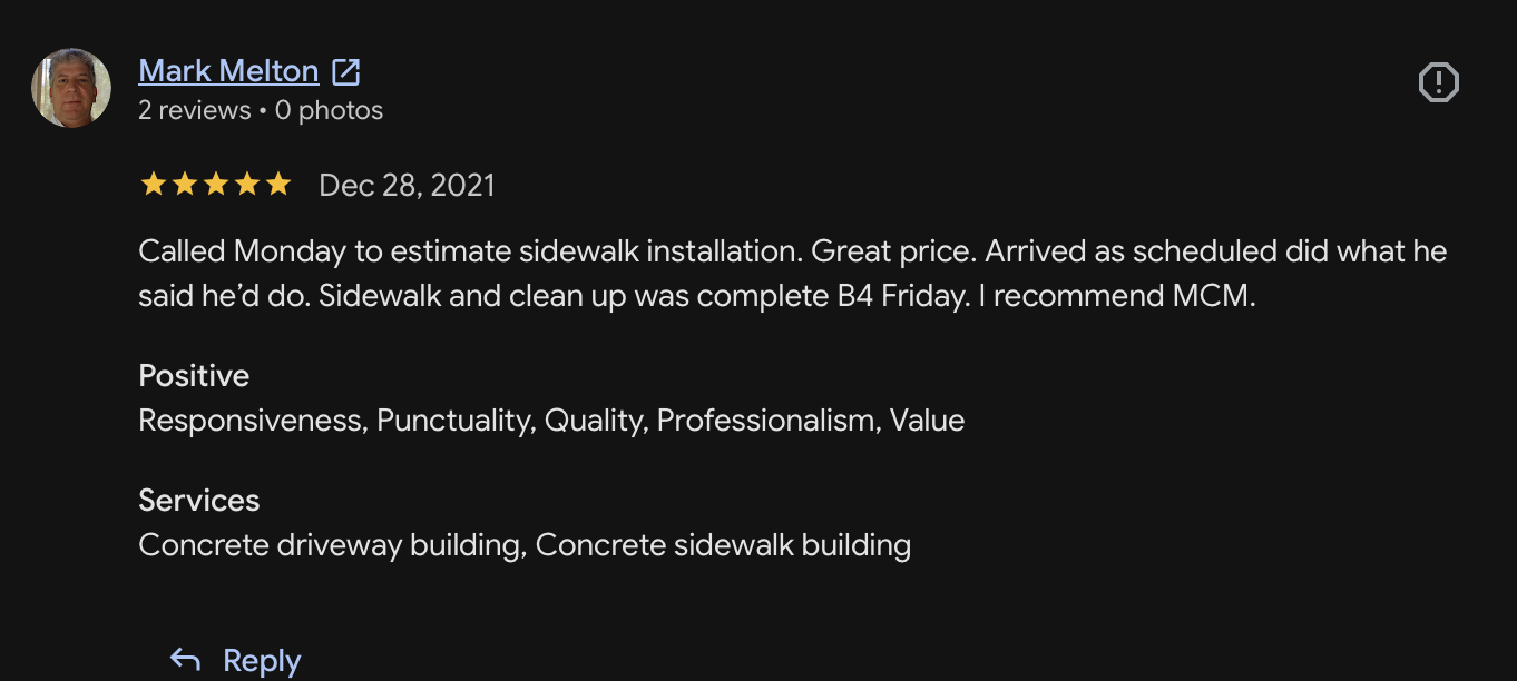Customer review 18 for Mike's Concrete & Masonry