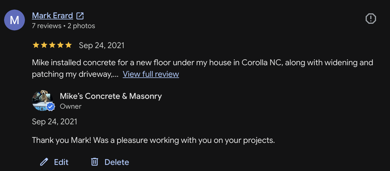 Customer review 21 for Mike's Concrete & Masonry