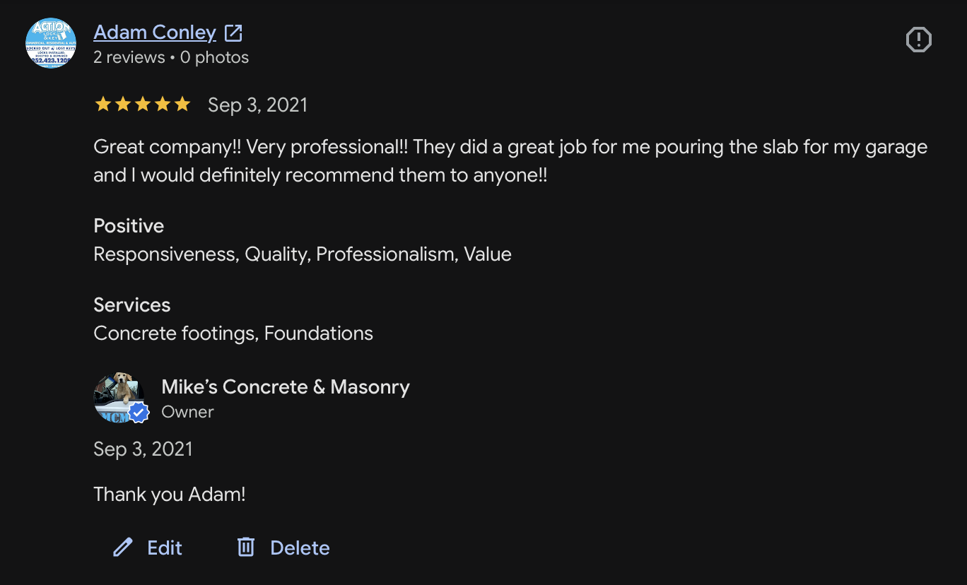 Customer review 22 for Mike's Concrete & Masonry