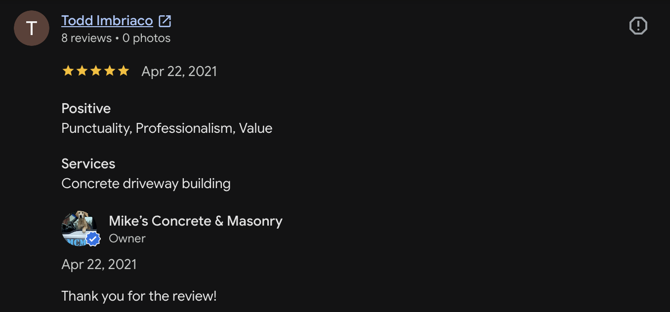 Customer review 23 for Mike's Concrete & Masonry
