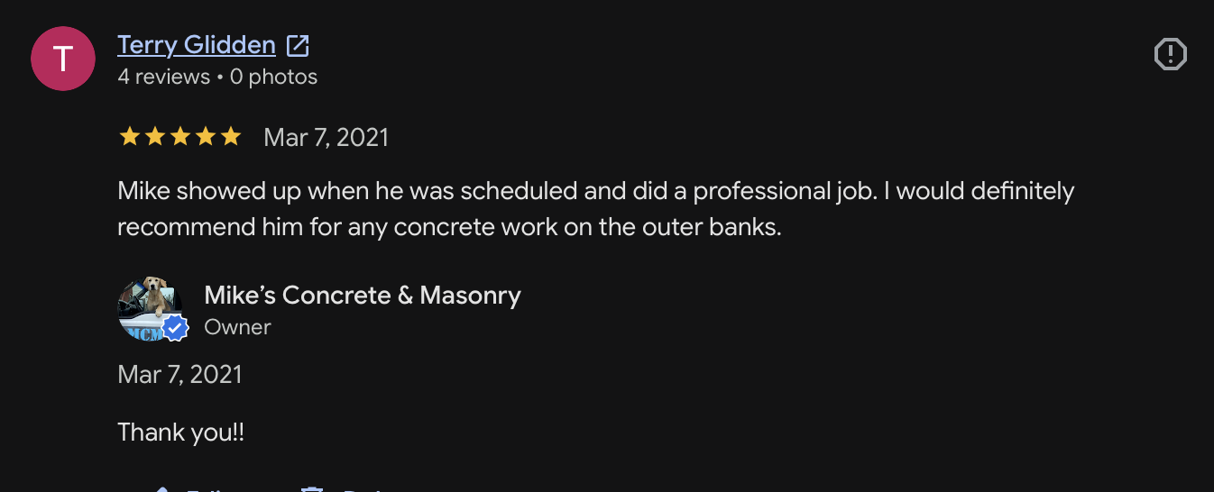 Customer review 24 for Mike's Concrete & Masonry