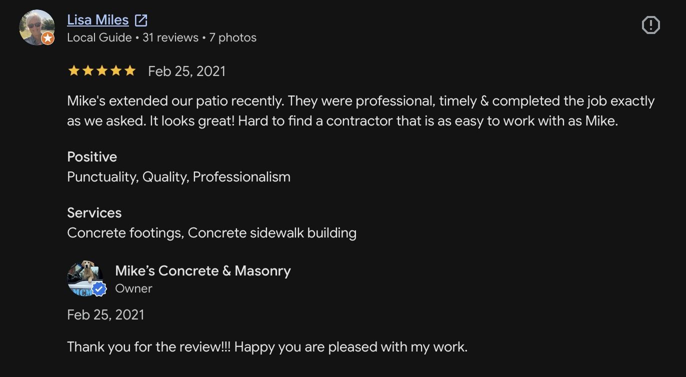 Customer review 25 for Mike's Concrete & Masonry